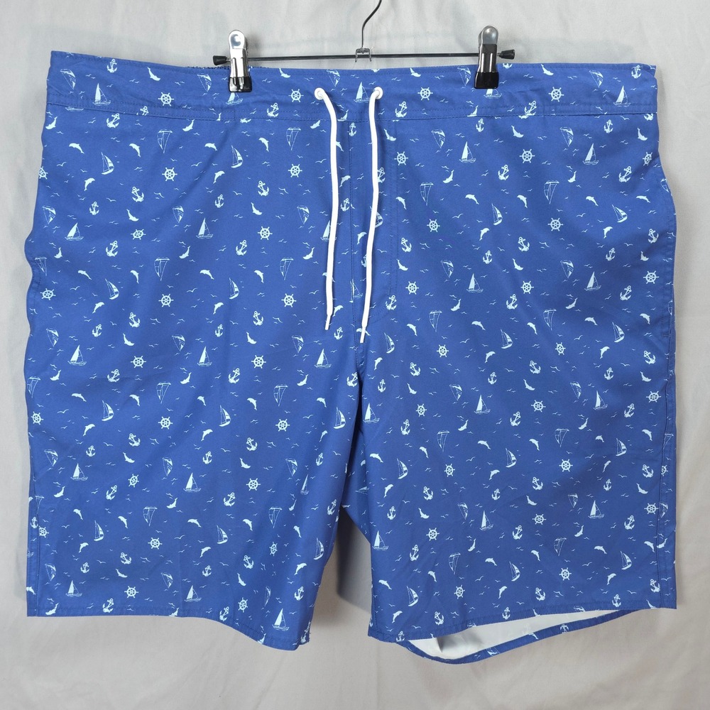 St. Johns Bay Mens 3XL Blue Nautical Sailboat Anchor Swim Trunks 10in Inseam NWT